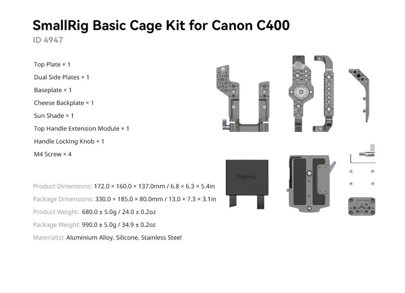 SmallRig 4946 Kit Cage Avansata, Pentru Canon C400, Design Modular, Placa V-mount, Tije Duale 15mm