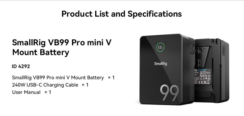 SmallRig VB99 Pro mini, Baterie V-Mount, Capacitate 98.8Wh, Verde, Incarcare USB-C PD 100W, Afisaj TFT