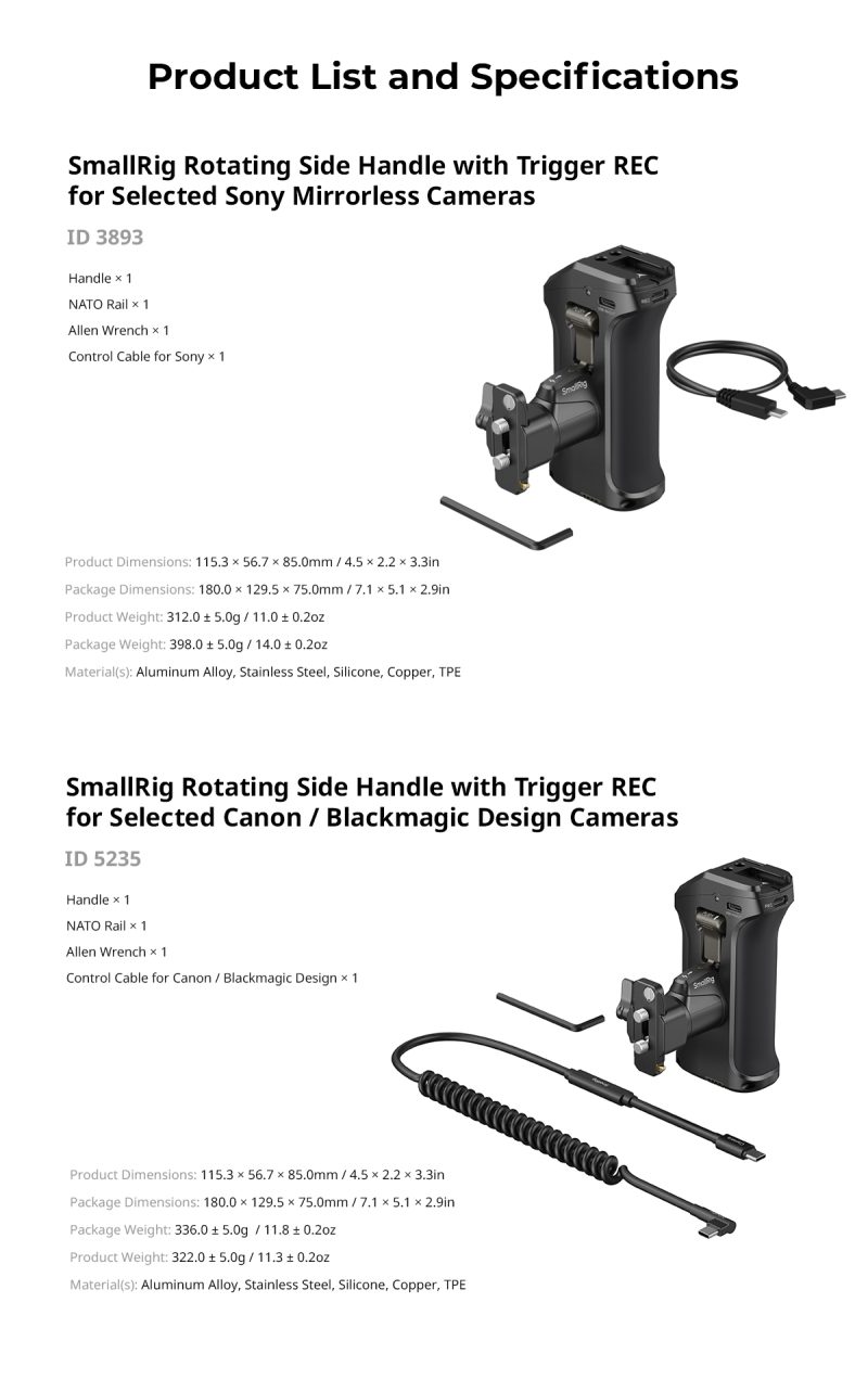 SmallRig 5235 Maner Lateral Rotativ, Declansator REC, Compatibil NP-F550/570, USB-C 20W, Canon si Blackmagic Design