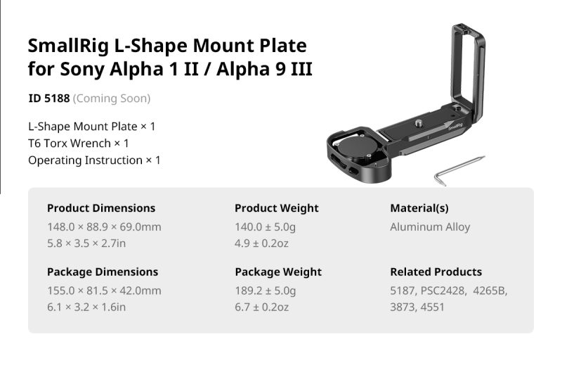 SmallRig 5187 Cage pentru Sony Alpha 1 II / Alpha 9 III, Sina HawkLock NATO, Placa Arca-Swiss, Suport Pantof Rece, Mufa QD