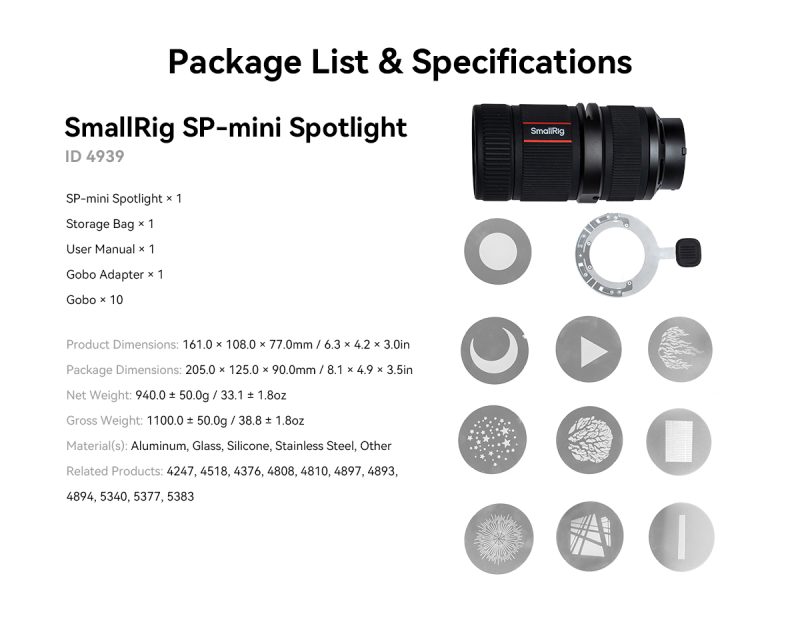 SmallRig 4939 SP-mini Spotlight, Montura RCmini, Lentile Optice 6 Straturi, Compatibil RC60/RC100, Include Gobo