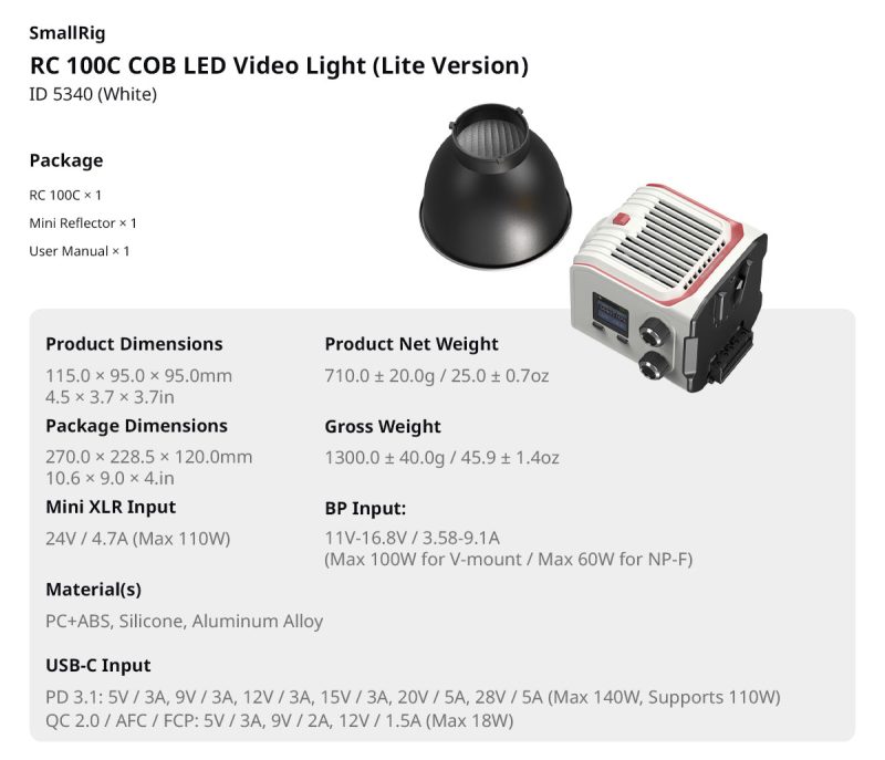 SmallRig 5377 RC 100C COB LED Video Light, Ink Blue, Lite Version, CRI 96+, 3650 Lux la 1m, 710g