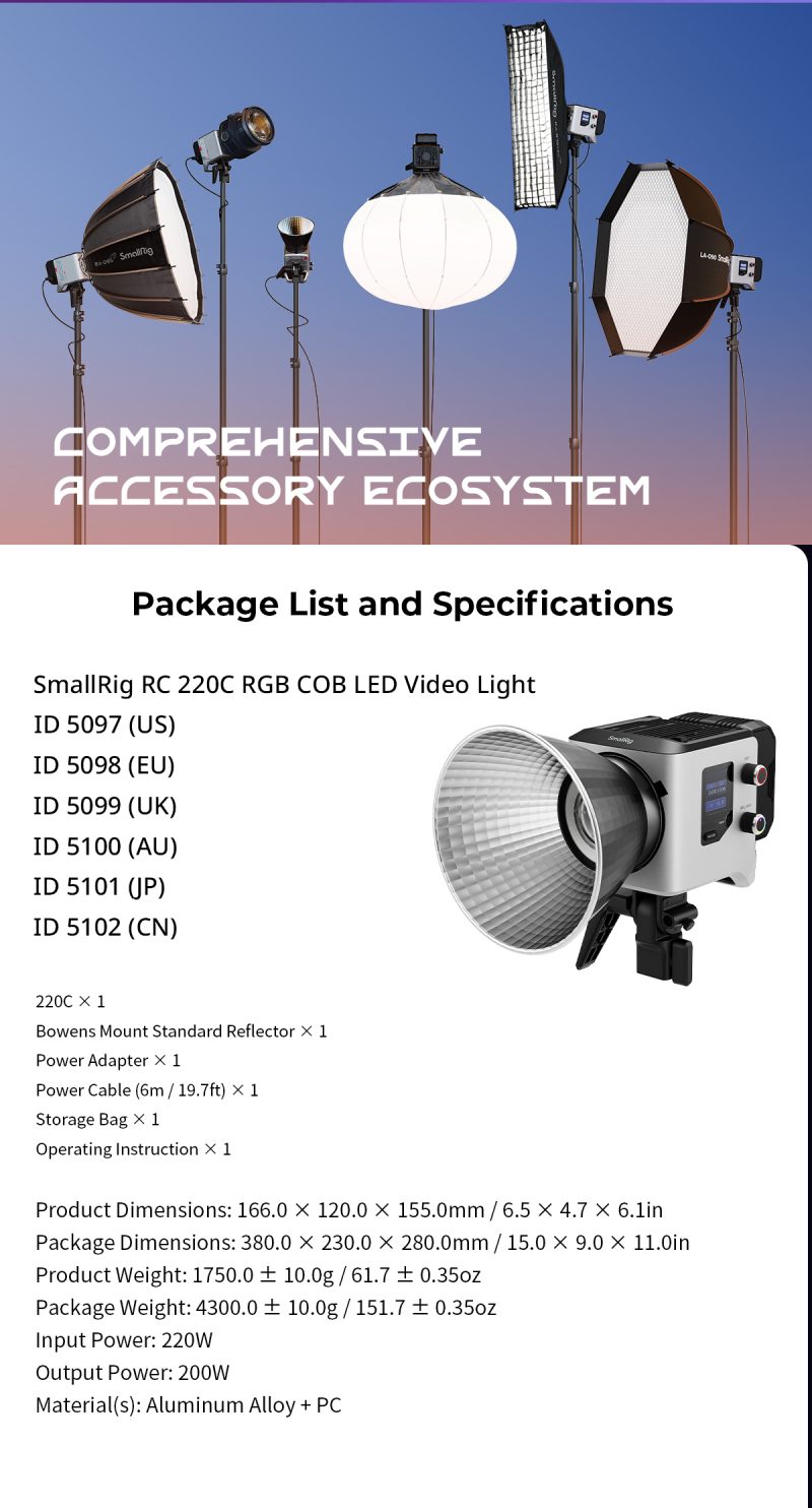 SmallRig 5098 RC 220C RGB COB LED Video Light, Putere 220W, CT 2500K-10000K, CRI 97+, Montura Bowens, Zgomot 28dB