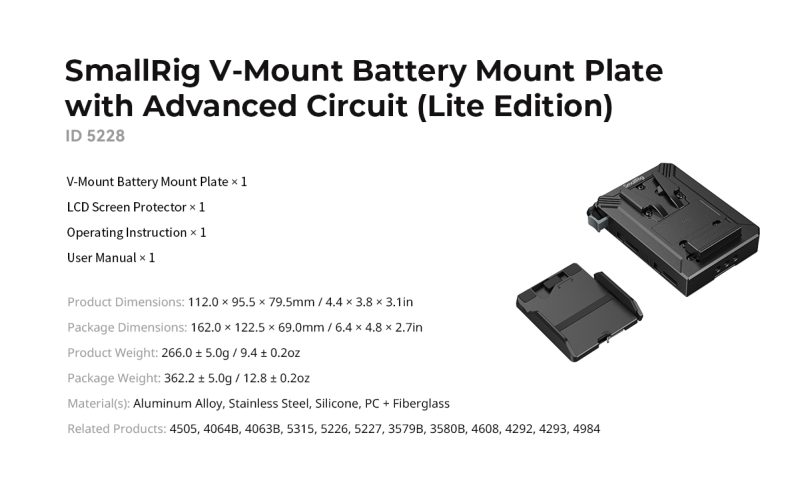 SmallRig 5226 Kit Placa Montare Baterie V-Mount, Pentru Tije LWS 15mm, USB-C 65W PD, D-Tap, Protectie Ecran LCD