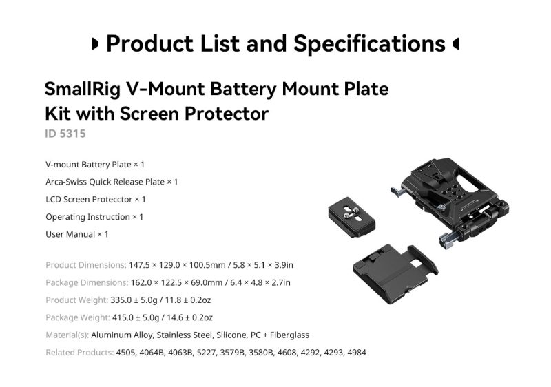 SmallRig 5226 Kit Placa Montare Baterie V-Mount, Pentru Tije LWS 15mm, USB-C 65W PD, D-Tap, Protectie Ecran LCD