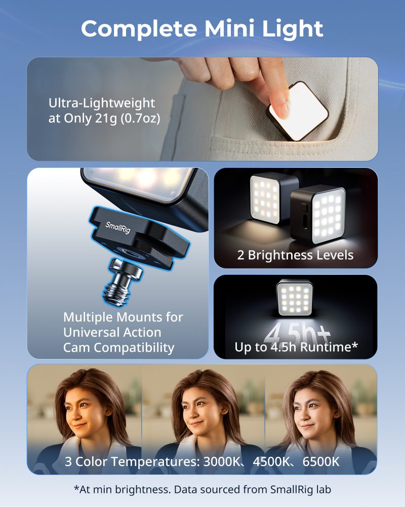 SmallRig 5446 Lumina de Umplere pentru Camere de Actiune, Montare Magnetica, 3000K-6000K, Baterie 500mAh, Compatibil DJI Osmo