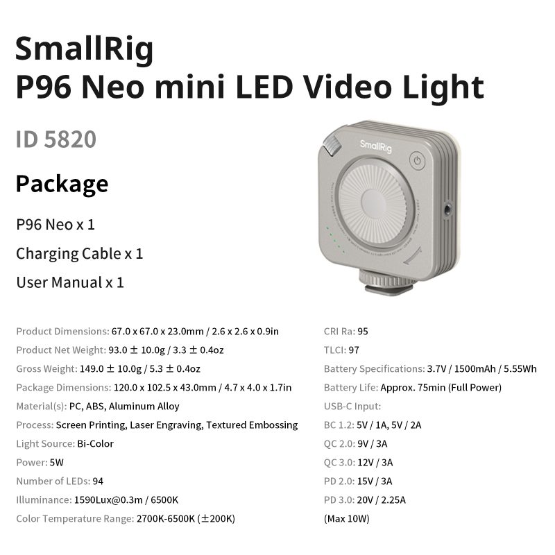 SmallRig 5820 Neo P96 Mini Lampa LED Video, Gri Morandi, Bicolor 2700K-6500K, CRI peste 95, 5W, Baterie 1500mAh