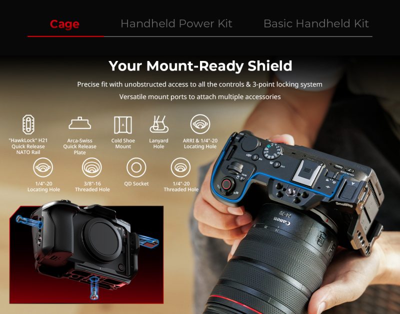 SmallRig 6379 HawkLock, Cadru cu Eliberare Rapida pentru Canon EOS R6 V, Sina NATO H21, Placa Arca-Swiss, Suport Cold Shoe