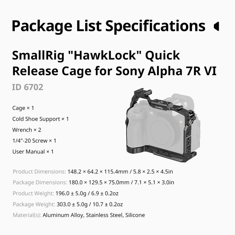 SmallRig 6703 Cage Kit pentru Sony Alpha 7R VI, Carcasa Protectie, Placa Arca-Swiss HawkLock, Sina NATO, Maner Superior