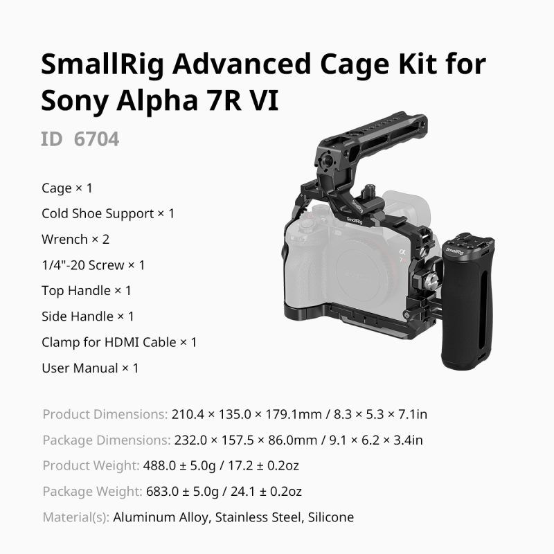 SmallRig 6704 Advanced Cage Kit, Sony Alpha 7R VI, Carcasa Protectie, Maner Lateral, Maner Superior, Placa Arca-Swiss