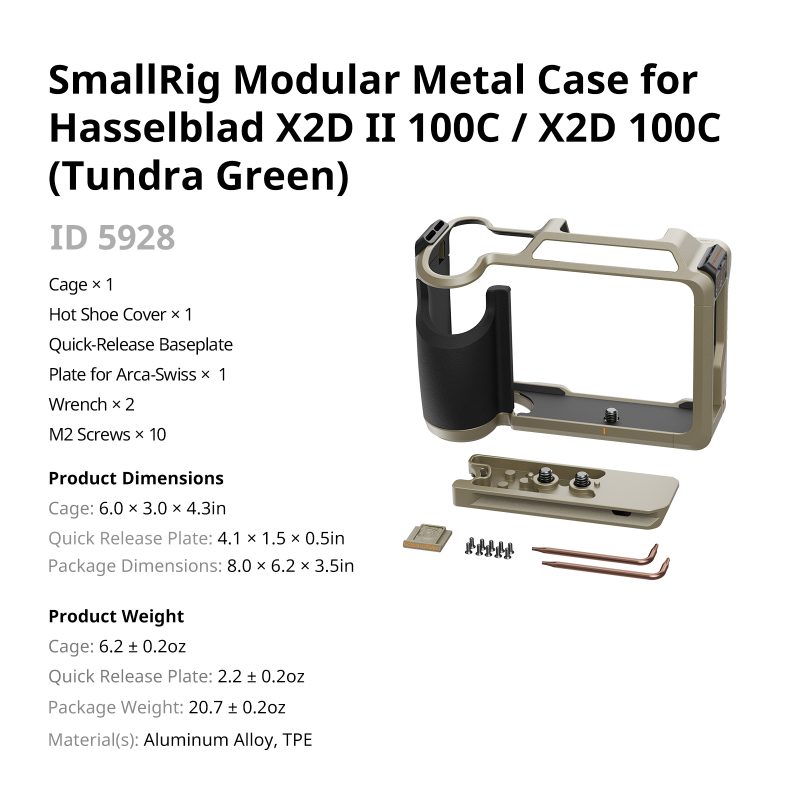 SmallRig 5928 Carcasa Metalica Modulara pentru Hasselblad X2D II 100C/X2D 100C, Verde Tundra, Cadru Aluminiu, Maner TPE, Placa